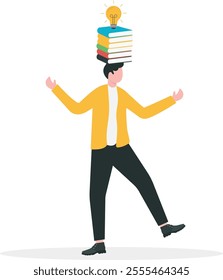 Lack of confidence in knowledge for work. Self confidence concept .Panic businessman trying to control stack of books and light bulb over his head.

