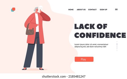 Lack of Confidence Landing Page Template. Sad Senior Woman Covering Crying Face With Smiling Mask Expressing Opposite Emotion. Impostor Syndrome, Hypocrisy, Stress. Cartoon People Vector Illustration