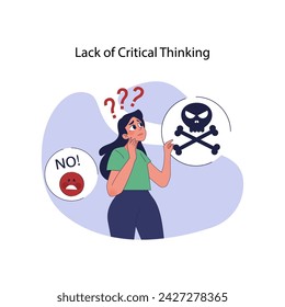 Lack of critical thinking concept. Confused woman amid misleading symbols, struggling to discern truth from false information. Navigating the challenges of misinformation. Flat vector illustration