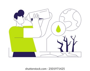 Lack of drinking water abstract concept vector illustration. Man quenches thirst, standing in the desert, water crisis, ecological problems, dehydration, no drinking water abstract metaphor.