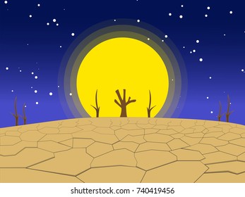 The lack of fertile soil causes the trees to die and the soil is drought with full moon and night scene