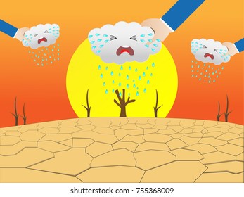 The lack of fertile soil causes the trees to die and the soil is drought with big sun,The hand is holding the cloud and shaking so the clouds produce rain to make the ground fertile