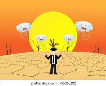 The lack of fertile soil causes the trees to die and the soil is drought with big sun,The hand is holding the cloud and shaking so the clouds produce rain to make the ground fertile