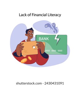 Lack of financial literacy concept. Young man perplexed by credit card details and bills, facing challenges in money management. Financial woes, unpreparedness. Flat vector illustration