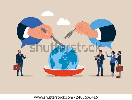 Lack of food, rising food prices, zero hunger. Plate with earth globe on it, and hands holding a fork and knife. Flat vector illustration