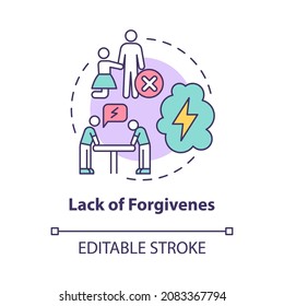 Lack of forgiveness concept icon. Toxic relationships. Vindictive partner. Blaming for past mistakes abstract idea thin line illustration. Vector isolated outline color drawing. Editable stroke