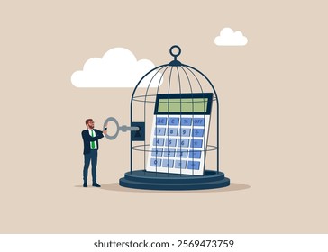 Lack of freedom in business. Businessman keeps a calculator in a cage. Flat vector illustration