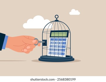 Lack of freedom in business. Hand keeps a calculator in a cage. Flat vector illustration