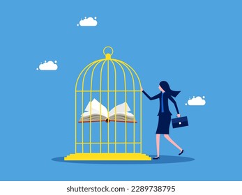 Lack of freedom to learn. Businesswoman locking books in birdcage
