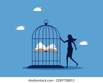 Lack of freedom to learn. woman locking books in birdcage.