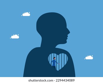 Lack of freedom to make decisions. Block emotions and feelings in heart. man trapped in heart prison