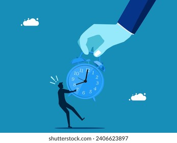 Lack of freedom of time, being robbed of time by the boss. Big hand pulling a war clock with a small businessman