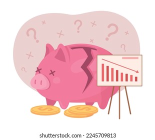 Lack of funds flat concept vector illustration. Broken piggy bank. Saving loss. Editable 2D cartoon elements on white for web design. Money deficiency creative idea for website, mobile, presentation