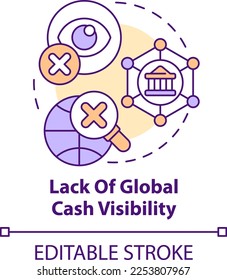 Lack of global cash visibility concept icon. Challenge faced by corporate treasurers abstract idea thin line illustration. Isolated outline drawing. Editable stroke. Arial, Myriad Pro-Bold fonts used