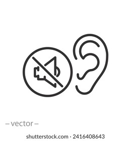 lack of hearing icon, ear and crossed out speaker, deafness, deaf person, thin line symbol on white background - editable stroke vector illustration eps10