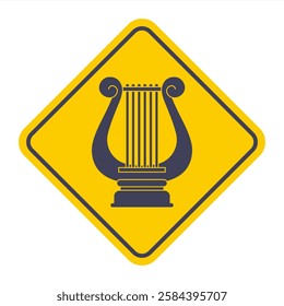 lack icon lyre musical instrument on yellow background. sticker ancient greece.