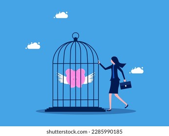 Lack of independence in savings and investments. Businesswoman locks a piggy bank in a cage. Business concept 