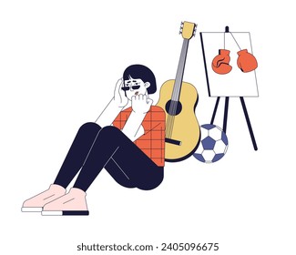 Lack of interest in hobbies line cartoon flat illustration. Anhedonia. Indifferent woman 2D lineart character isolated on white background. Seasonal affective disorder symptom scene vector color image