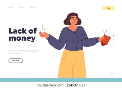 Lack of money concept of landing page with woman hold empty wallet. Girl poor on broke. Female in poverty suffer from financial crisis, poverty and unemployment. Cartoon flat vector illustration