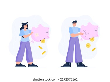 Lack of money concepts. Losing savings, poverty, debt, and crisis. Unhappy man and woman with a piggy bank in their hands. Vector flat illustrations isolated on the white background.