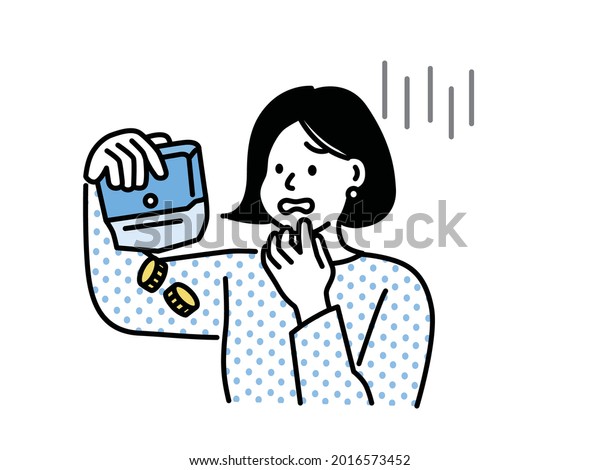 Lack of money, payment, demand, interest,\
no money.woman is turning out his empty wallet. Financial troubles.\
Flat modern illustration.