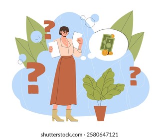 Lack of money. Woman with question signs think about money. Dream about banknotes and golden coins. Financial crisis, inflation and recession. Businesswoman with bankruptcy. Flat vector illustration