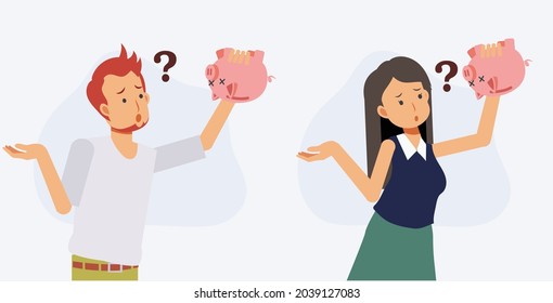 Lack of money,out of money,financial problem concept. Set of man and woman is trying to find money in piggy bank.Flat vector 2d cartoon character illustration.