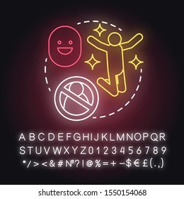 Lack of partner happiness neon light concept icon. Joy of being alone. Happy divorce. Fun from breaking relationship idea. Glowing sign with alphabet, numbers and symbols. Vector isolated illustration