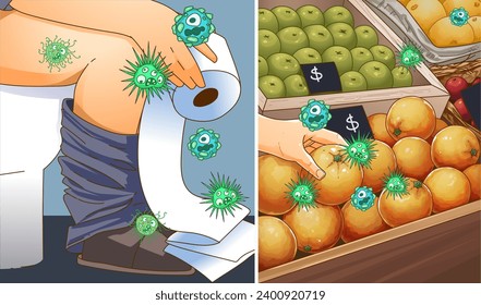Lack of personal hygiene. Risks of infection spread. Healthcare illustration. Vector illustration. 