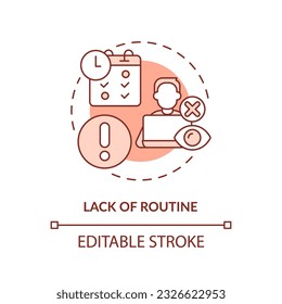 Lack of routine red concept icon. Low productivity. Work activity. Professional freelancer. Time management issue abstract idea thin line illustration. Isolated outline drawing. Editable stroke