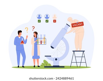 Lack of scientists and laboratory technicians, urgent labor shortage. Tiny people in chemist uniforms standing near microscope with cobweb, silhouette of wanted colleague cartoon vector illustration