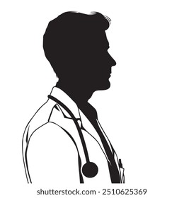  lack silhouette of a Doctor with Stethoscope with thick outline side view isolated