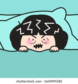 Lack Of Sleep Woman Get Frustrated And Angry While Lying On A Pillow In Bed. Sleep Deprivation Symptoms Concept Card Character illustration