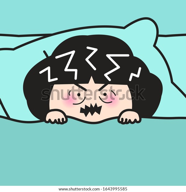 寝ている女性が足りないと ベッドの枕に寝ている間にイライラし怒る 睡眠不足症状コンセプトカードの文字イラスト のベクター画像素材 ロイヤリティフリー