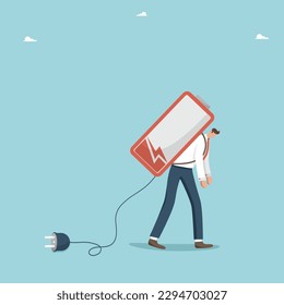 Lack of strength or energy for productive work, emotional burnout or fatigue, loss of inspiration or lack of ideas for business development, man drags a dead battery disconnected from the power source