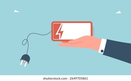Falta de fuerza o energía para el trabajo productivo, agotamiento emocional o fatiga, pérdida de inspiración o falta de ideas para el desarrollo empresarial, reposición de energía, hombre con la batería muerta.