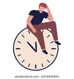Lack of time.Man big watch.Time management.Office overwork.Stressed man deadline watch.Tired man at office.Sad employee.Time countdown to finish work.Character cartoon vector illustration.