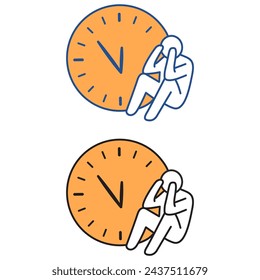 Lack of time.Man big watch.Time management.Office overwork.Stressed man deadline watch.Tired man at office.Sad employee.Time countdown to finish work.Doodle little people.