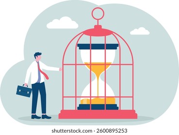 Lack of time freedom. Value of time. Businessman locks a clock in a birdcage

