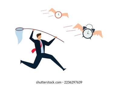 Lack of time,  frustrated businessman hurry chasing to catch flying away alarm clock and stop watch