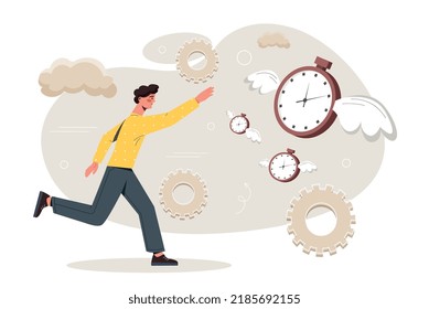 Lack of time. Man runs and stretches his hand to flying clock, employee tries to have time to complete project by deadline. Bad time management and lazy character. Cartoon flat vector illustration