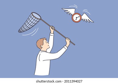 Lack of time and project deadline concept. Frustrated businessman hurry chasing to catch flying away alarm clock and get some more time for work vector illustration 