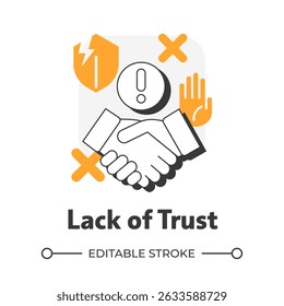 Ícone de conceito de estrutura de tópicos simples de falta de confiança. Confiança do cliente. Reputação da empresa. Fechando negócio. Objeção de vendas. Ilustração de linha moderna com glifos laranja. Visual conceitual. Fácil de editar