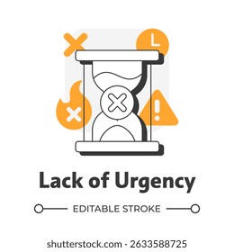 Falta de urgência ícone de conceito de contorno plano. Prioridade baixa. Agendar compromisso. Alterar data. Necessidade do cliente. Objeção de vendas. Ilustração de linha moderna com glifos laranja. Visual conceitual. Fácil de editar