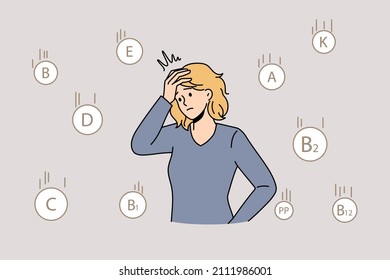 Lack of vitamins on body concept. Young stressed woman standing touching head feeling unhealthy and tired with lack of various vitamins and minerals in her body vector illustration 