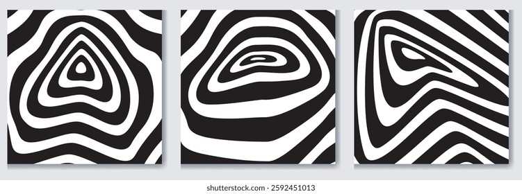 lack and white design. Pattern with optical illusion. Abstract striped background with ripple effect. Vector illustration. 