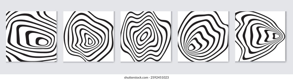 lack and white design. Pattern with optical illusion. Abstract striped background with ripple effect. Vector illustration. 