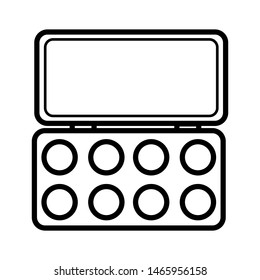 lack and white icon is a simple linear glamorous cosmetics rectangular powder box with a mirror, eye shadows and eyelids applying make-up beauty guidance. Vector illustration