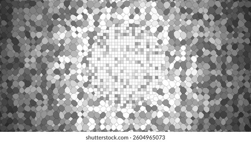 lack and white mosaic with a cross-shaped light gradient. Contrasting areas create the effect of volume and symmetry. The visual style resembles stained glass with a geometric pattern and smooth