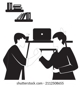 lack and White simple vector illustration of young business man handshake his colleague to deal a project. Business meeting concept. Business Collaboration Black and White concept